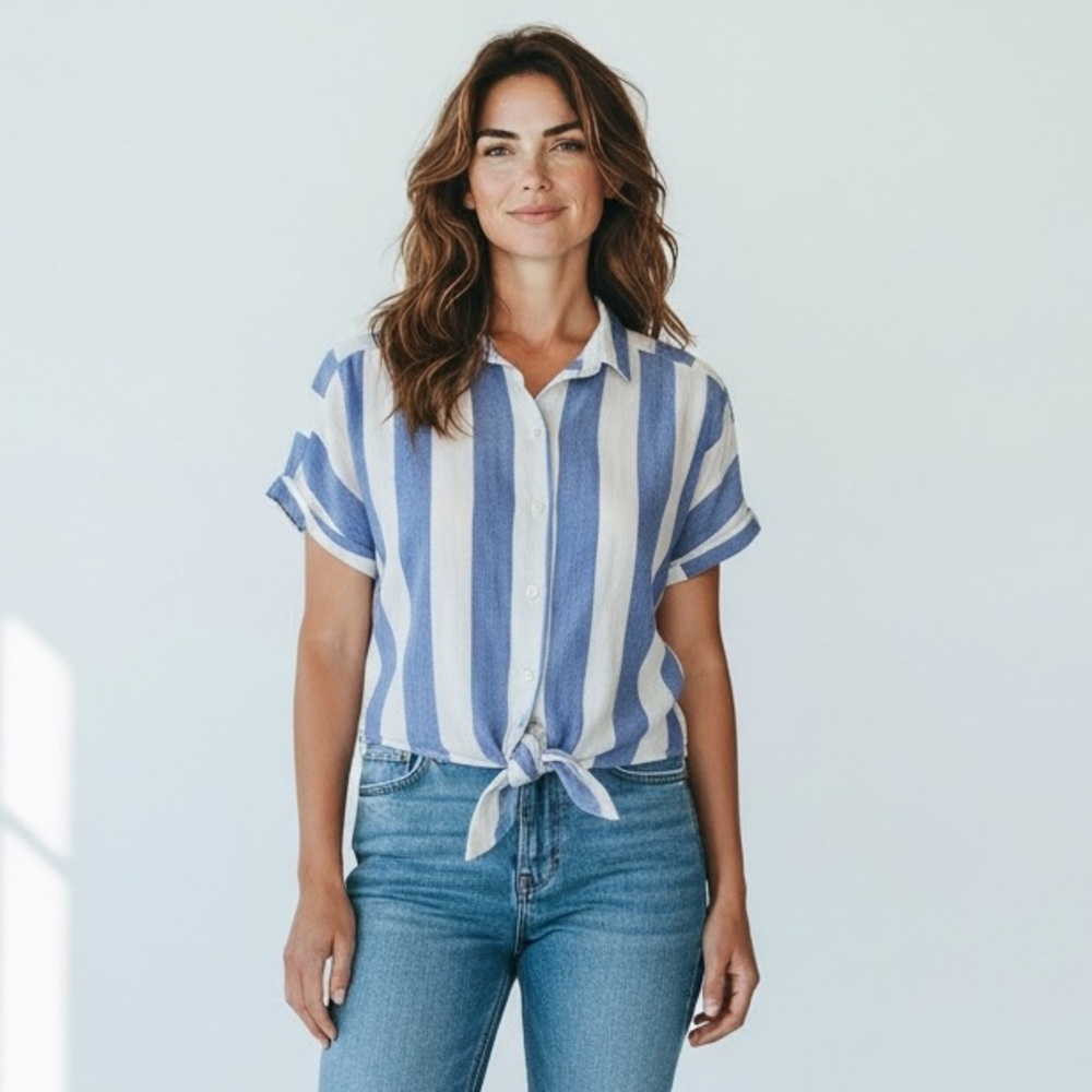 SANDY & SID Blue & White Striped Front Tie Crop Top Small